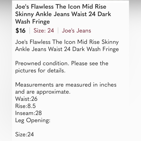 Joe's Flawless The Icon Mid Rise Skinny Ankle Jeans Waist 24 Dark Wash Fringe - Picture 9 of 9